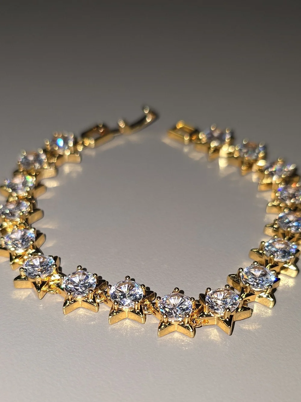 NWOT-Gold Tone Star Tennis Bracelet  Clear Stones Iced Out Celestial Chain
